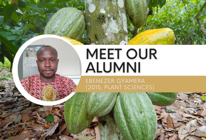 An image of cocoa beans, with a white circle frame showing Ebenezer, the alumnus of the article. The text reads 'Meet our alumni. Ebenezer Gyamera (2015, plant sciences)