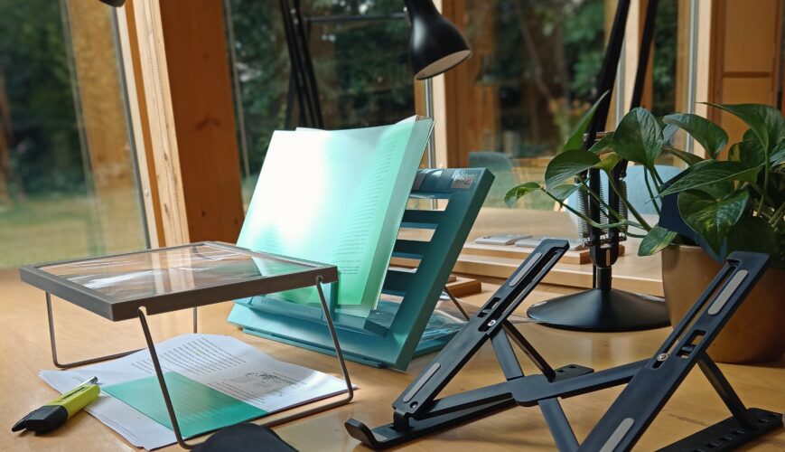 Assistive equipment: book stand, laptop stand, wrist rest and coloured overlay